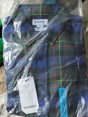 Pull&Bear Blue and Green Tartan Button-Down Shirt